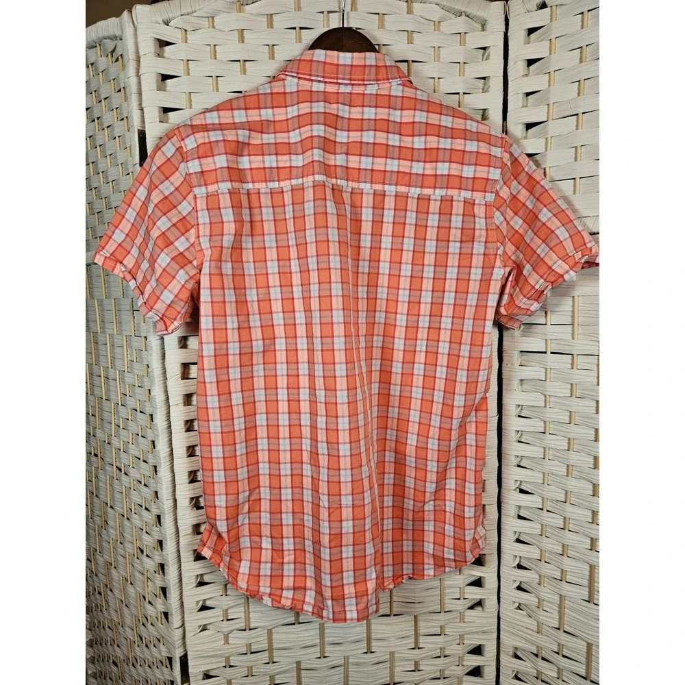 Nautica Boys Short Sleeve Button Up Shirt Orange & White Check L (14-16) Preppy